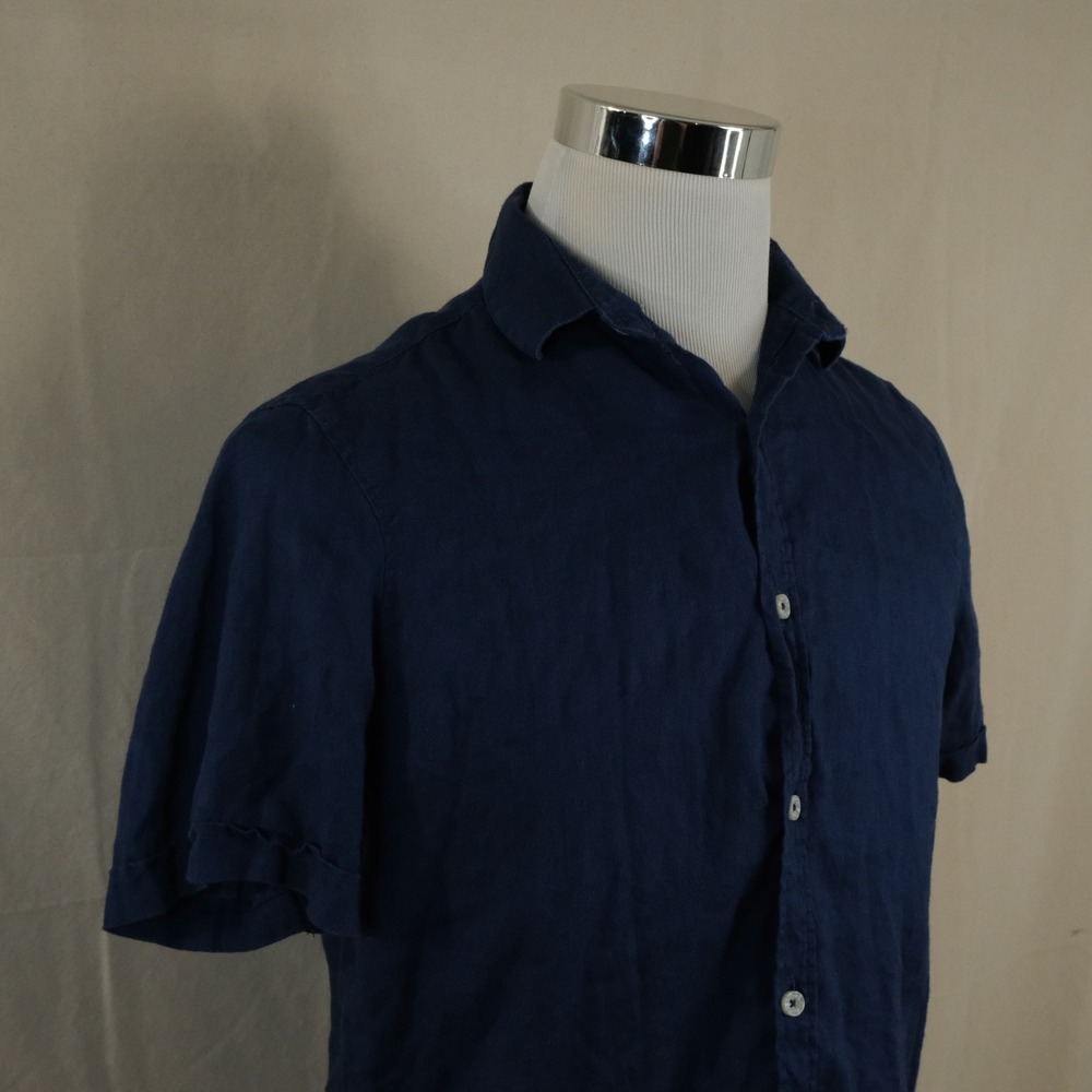 Ike Behar Small 100% Linen Button Front Shirt Navy Blue Short Sleeve Mens